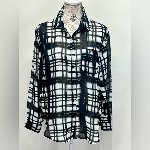 ELAN‎ Black and white abstract sheer blouse size M. - Picture 1 of 13